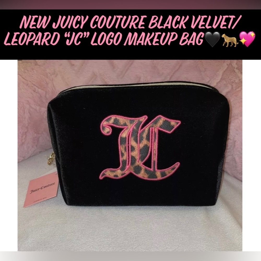 🎉HP🎉New Juicy Couture Black Velvet/Leopard “JC” Logo Makeup Bag🖤🐆💖